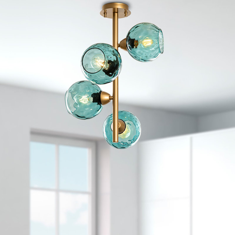Elegant Blue and Gold Metal Chandelier, 15.7 x 15.7 x 21.7 inches | 4 x E27 Socket (Max 40W), Stylish Glass Cap, IP20 Rated | Perfect for Dining Room, Living Room, and Entryways, Modern Home Décor Accent