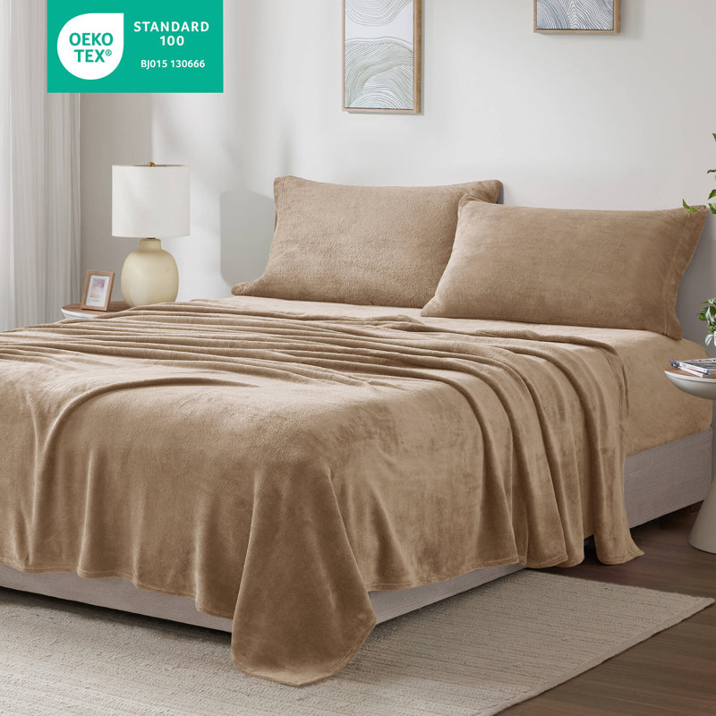 Taupe King Size Plush Polyester Sheet Set with Pillowcases