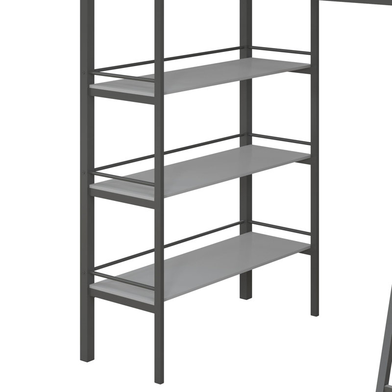 Gray Twin Metal Loft Bed with Desk and Shelves