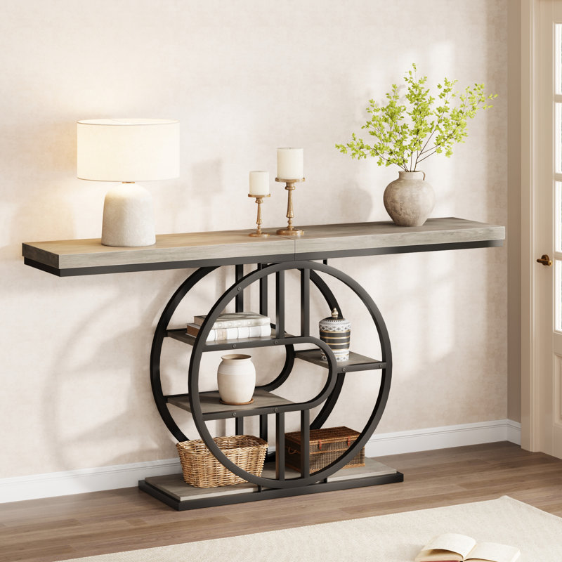 Industrial 55" Console Table | 5-Tier Entryway Sofa Table with Circle Storage Shelves & O-Shaped Metal Frame, Gray Wood