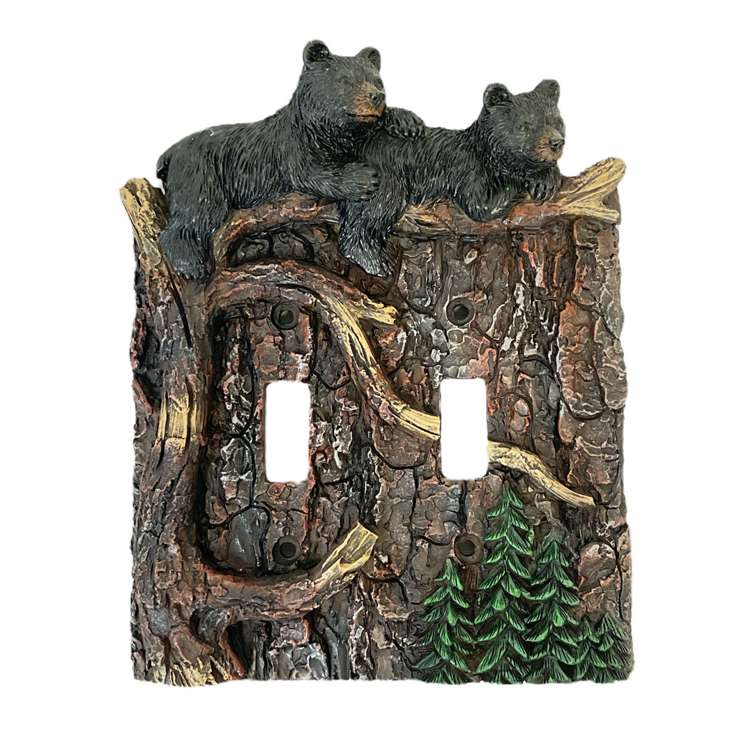 Dark Wood Black Bear Faux Tree Bark 2-Gang Light Switch Wall Plate / Switch Plate / Cover De Leon Collections