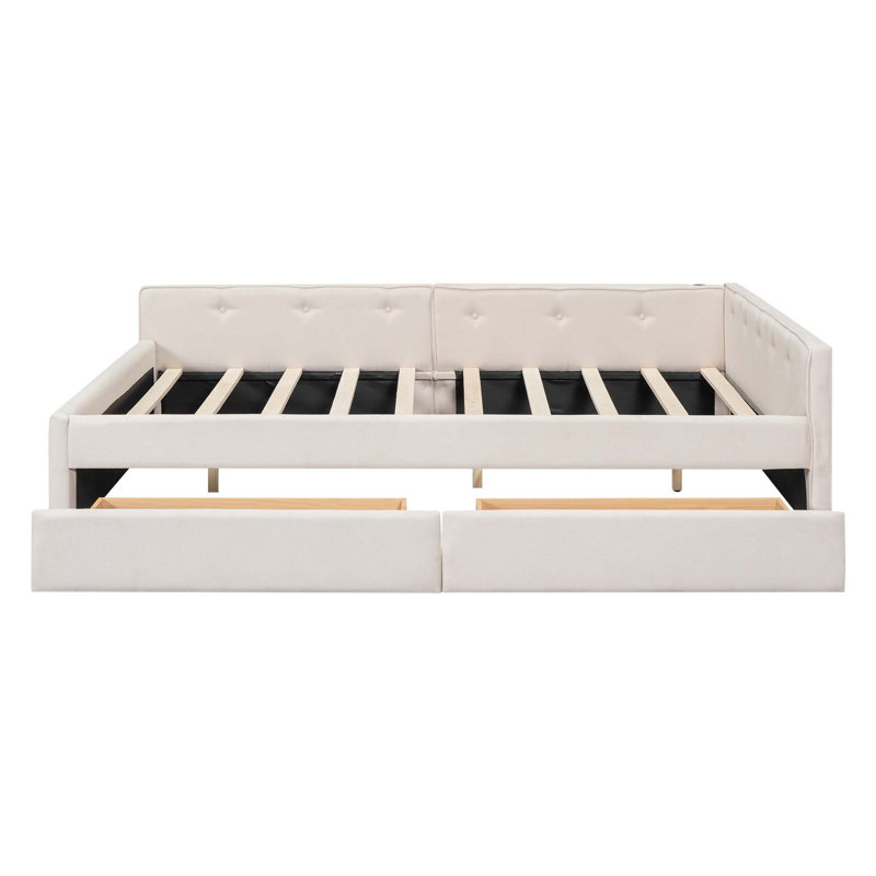 Queen Size Upholstered Platform Bed With USB And 2 Drawers, Queen