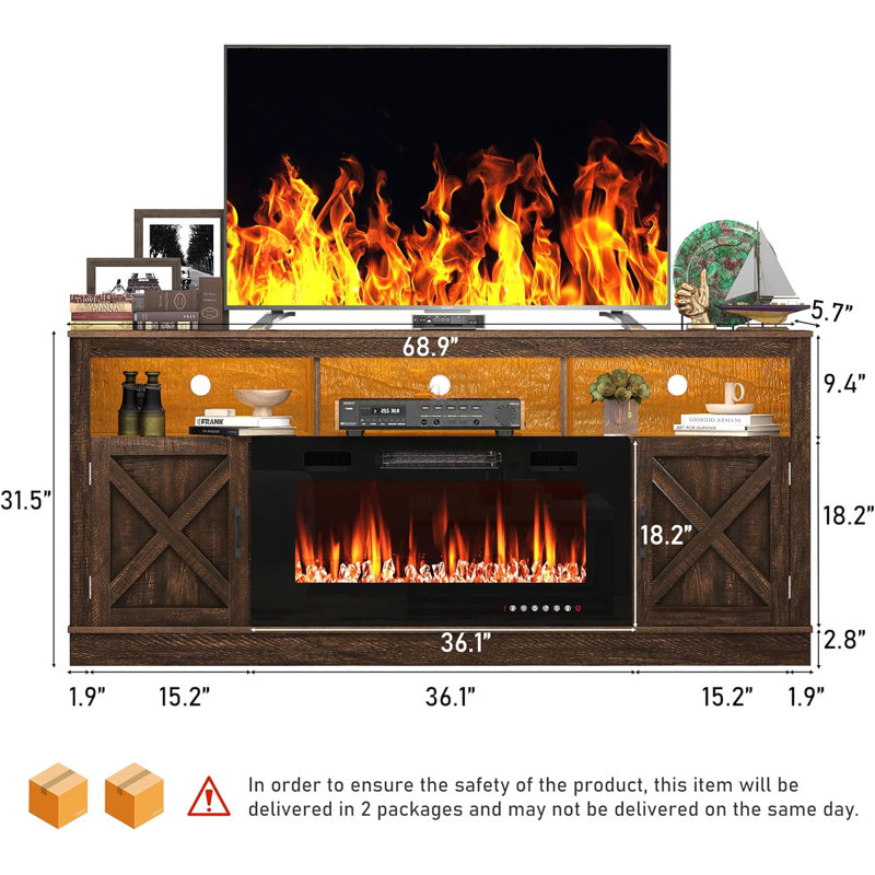 Zev Storage Credenza with Fireplace Included, Gray, 31.5" H x 70.8" W x 13.8" D