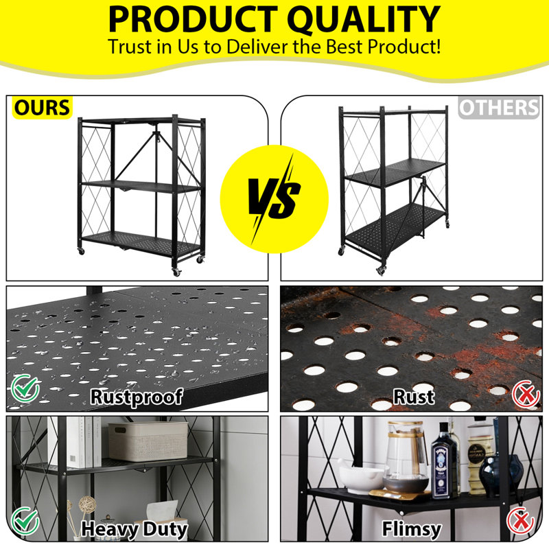 3-Tier Foldable Metal Shelving Unit with Wheels