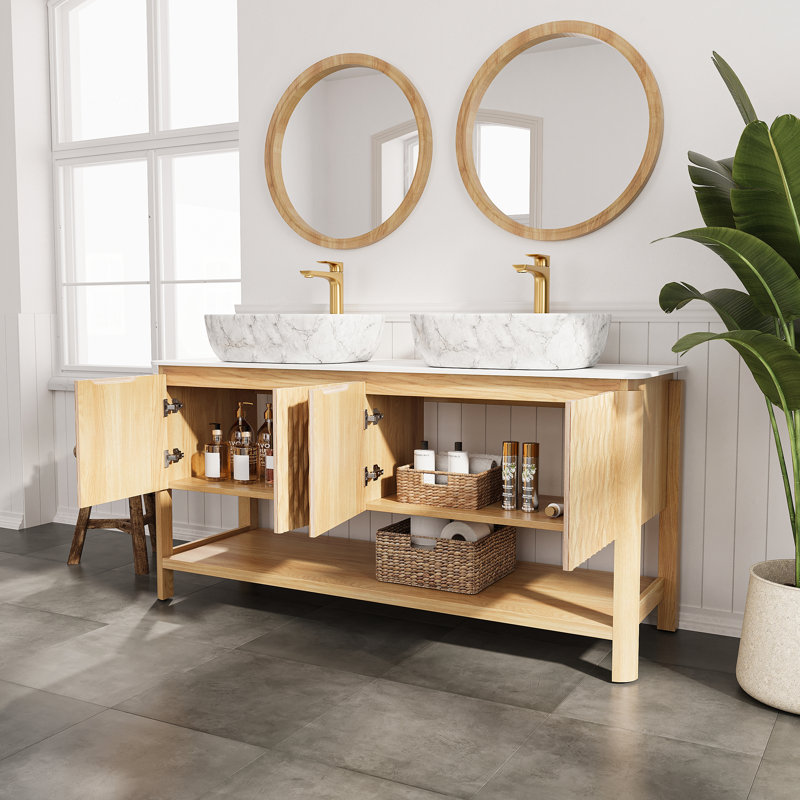 Meuble-lavabo 60 po, meuble-lavabo autoportant en contreplaqué avec 2 portes en bambou texturé et tablette ouverte, lavabo en céramique à motif marbré et plateau en pierre frittée blanc de Carrare, couleur grain de bois