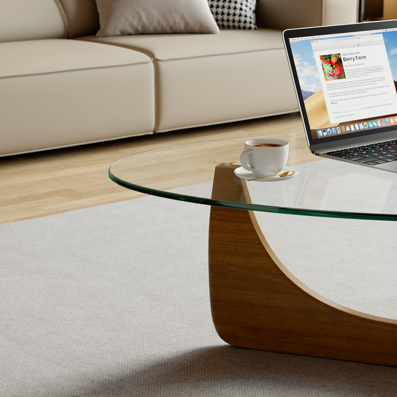 Table basse triangulaire en verre avec base en bois massif Table abstraite en verre pour le salon, Noyer / transparent