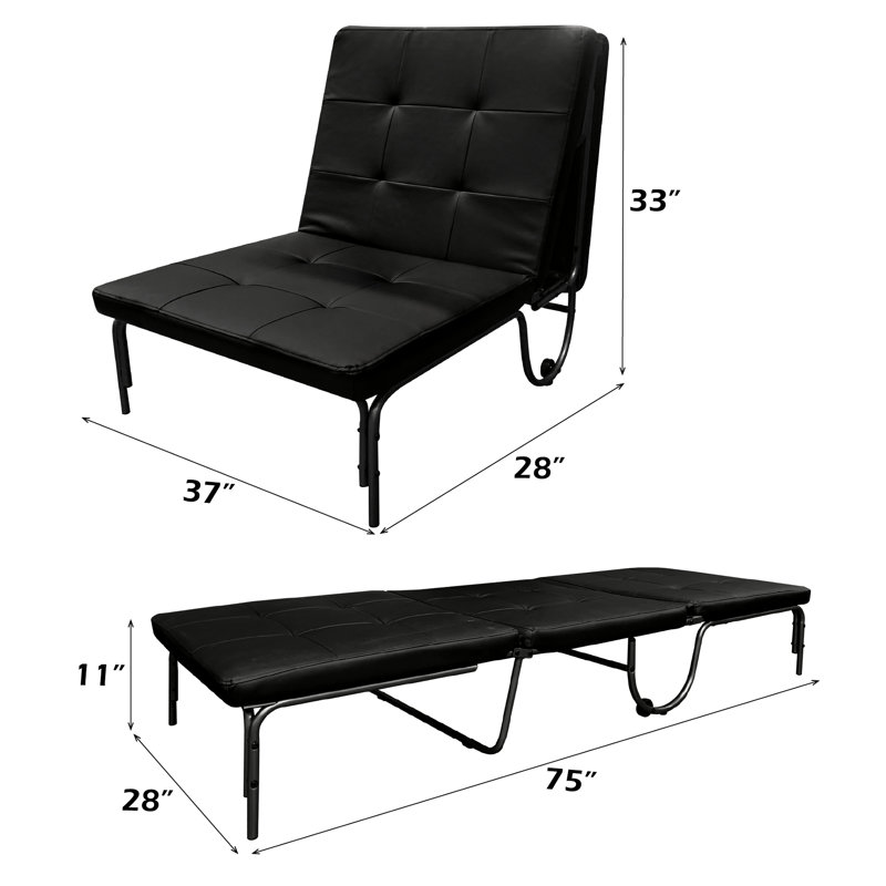 Black Adjustable Futon Chair That Folds Into A Bed, Pu Padded Cushion For Relaxation, Metal Frame And Caster Wheels, 220Lbs Weight Endurance, 37"W X 28"D 33"H, Bed 75"W 11"H Converting Foldable