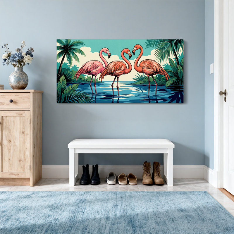 Animaux, flamants roses, debout dans l'eau, fond tropical, H 16 po x l 32 po