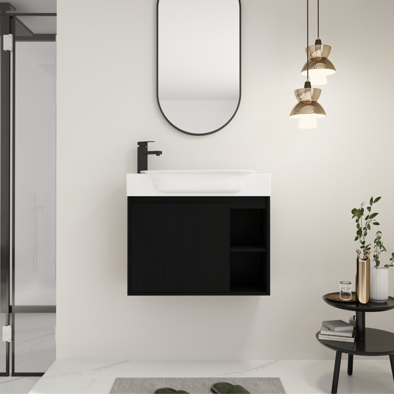 Ensemble de meuble-lavabo mural 28 po avec lavabo en céramique blanche et porte à fermeture en douceur