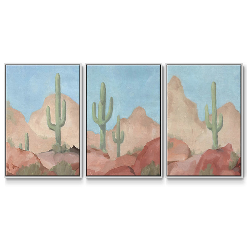 Sunny Saguaro I, ensemble de 3 toiles encadrées sur toile, H 40 po x l 78 po, Blanc