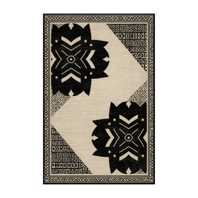 Tapis marocain doux et moelleux de style bohémien beige - reliure noire