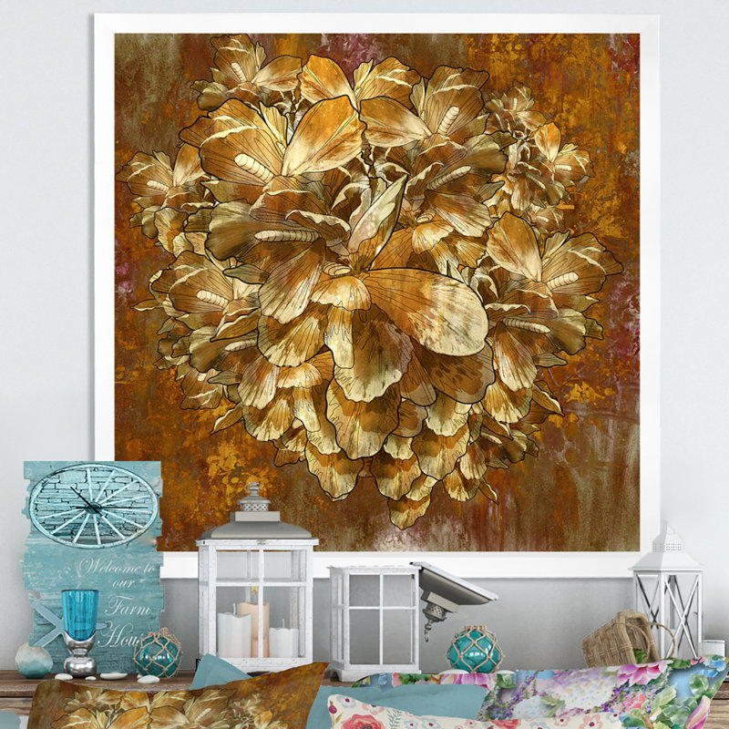 Abstrait fleur d'or grunge abstraite - œuvre d'art traditionnelle sur toile, H 16 po x l 16 po x P 1 po