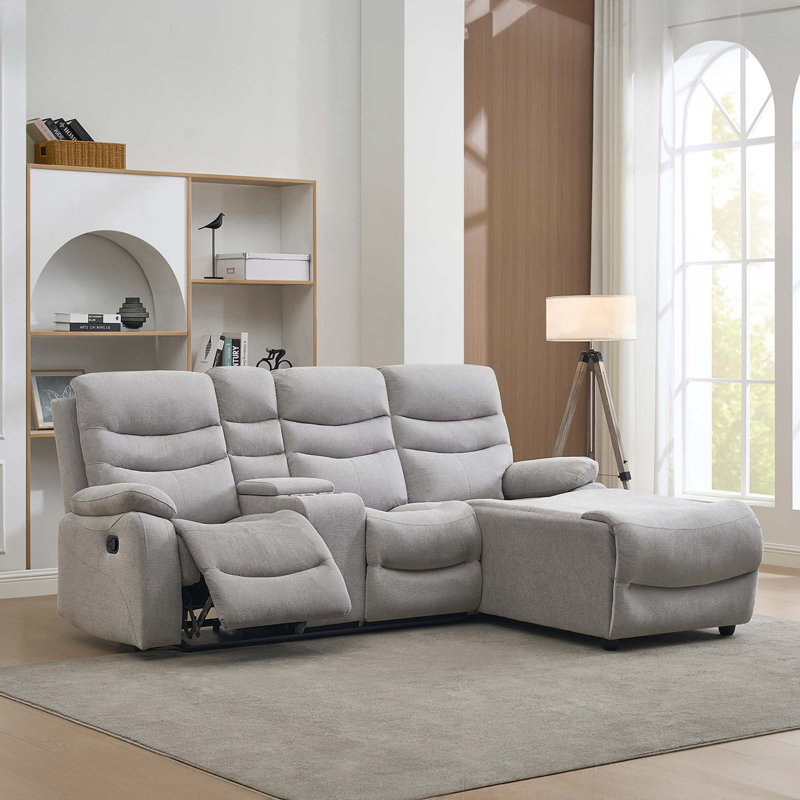 3 Seater Linen Blend Reclining Sofa & Chaise, Light Grey