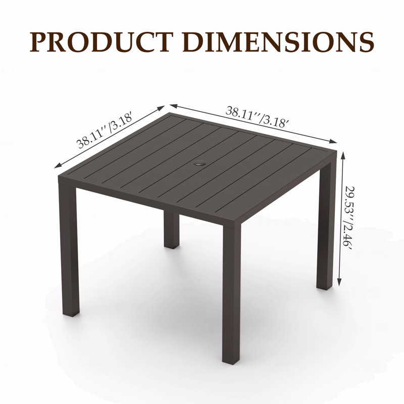 All-Weather Slatted Patio Dining Table – Metal Outdoor Table with Umbrella Hole, Brown