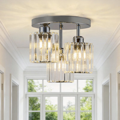 3-Light Chrome Semi Flush Mount Ceiling Light, Modern Crystal Fixture For Kitchen, Entryway & Bedroom