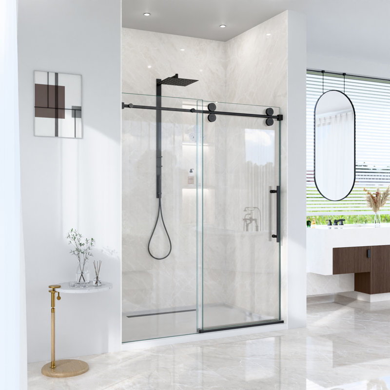 Porte de douche coulissante simple sans cadre l 56 à 60 po x H 72 po - verre trempé transparent de 5/16 po (8 mm), conception à dérivation