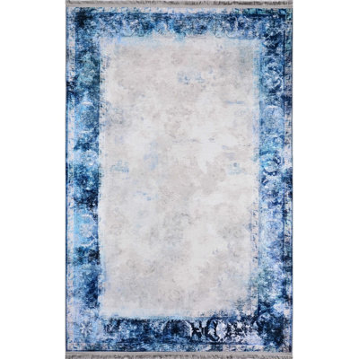 Blue Classic Pattern Fringed Washable Rug