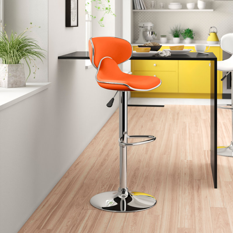 Claudine Contemporary Cozy Mid-Back Vinyl Adjustable Height Barstool with Chrome Base, Orange