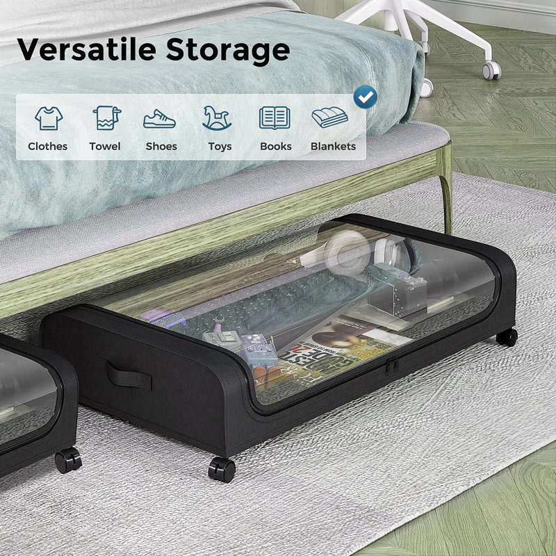 2 Pack Under Bed Storage With Wheels, Large Capacity Under Bed Storage Containers With Clear Lid,handle,label, Rolling Under Bed Shoe Storage Organizer For Clothes Toy Shoe Blanket