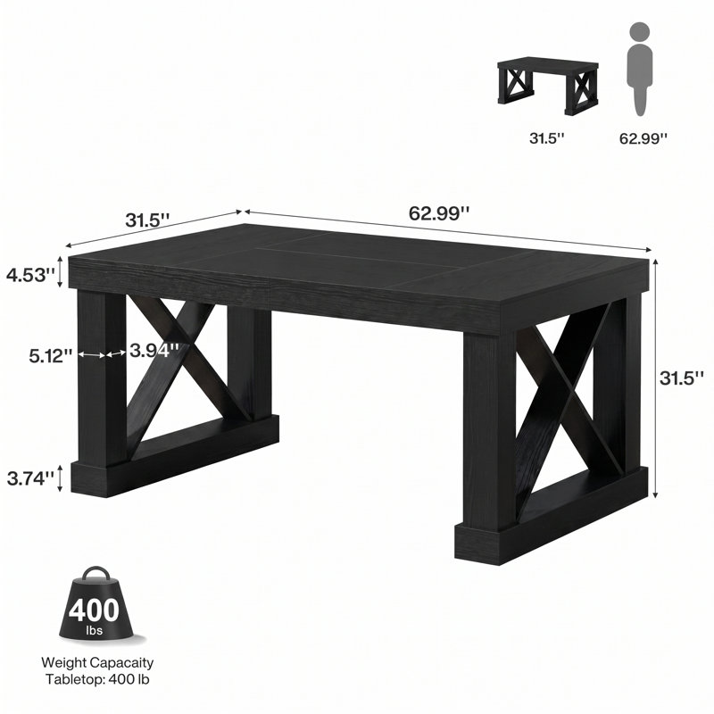 Bureau de direction 63 po, bureau d'ordinateur de ferme avec pieds robustes en forme de X, Black