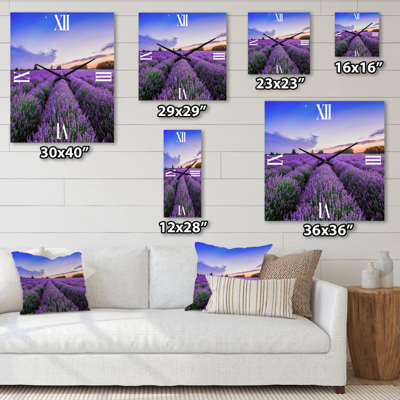 Sunrise & Dramatic Clouds Over Lavender Field II - Farmhouse Wall Clock, Small