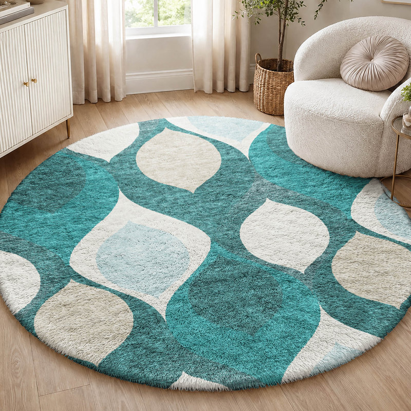 Tapis Dream Shag ADS749 de style moderne du milieu du siècle, lavable à la machine de qualité supérieure, Teal, 8' Round