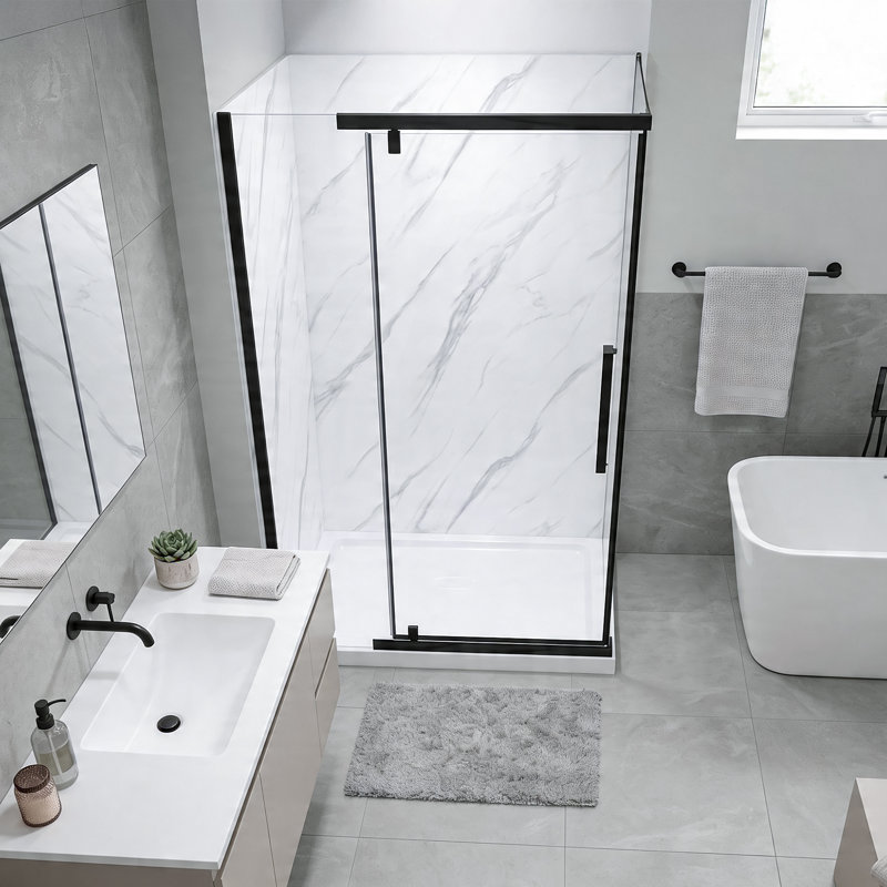 Vienna 48 In. X 32 In. X 78.6 In. Semi-Frameless Rectangular Shower Kit In Black With Wall Panels And Base, Matte Black