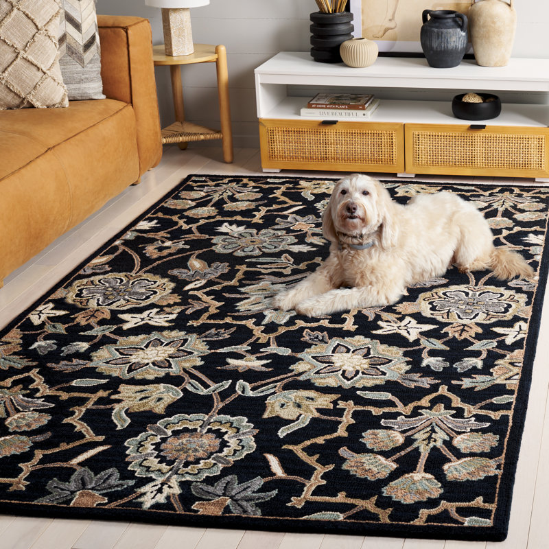 Bijal Hand Tufted Wool Cotton Floral Rug in Beige/Black, Rectangle 5' x 8'