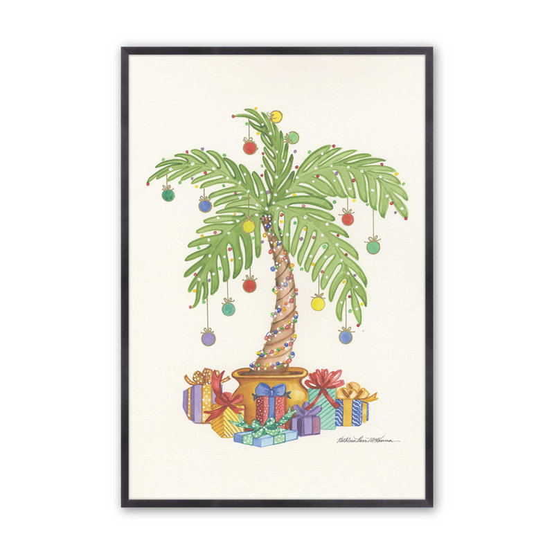 Palmier des fêtes avec imprimé ornements, Cadre simple en zinc patiné, H 15,25 po x l 12,25 po x P 1,25 po