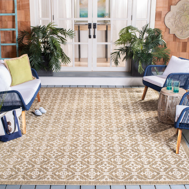 Tapis intérieur / extérieur à motif géométrique brun / crème Aengus, Rectangle 6 pi 7 po x 9 pi 6 po