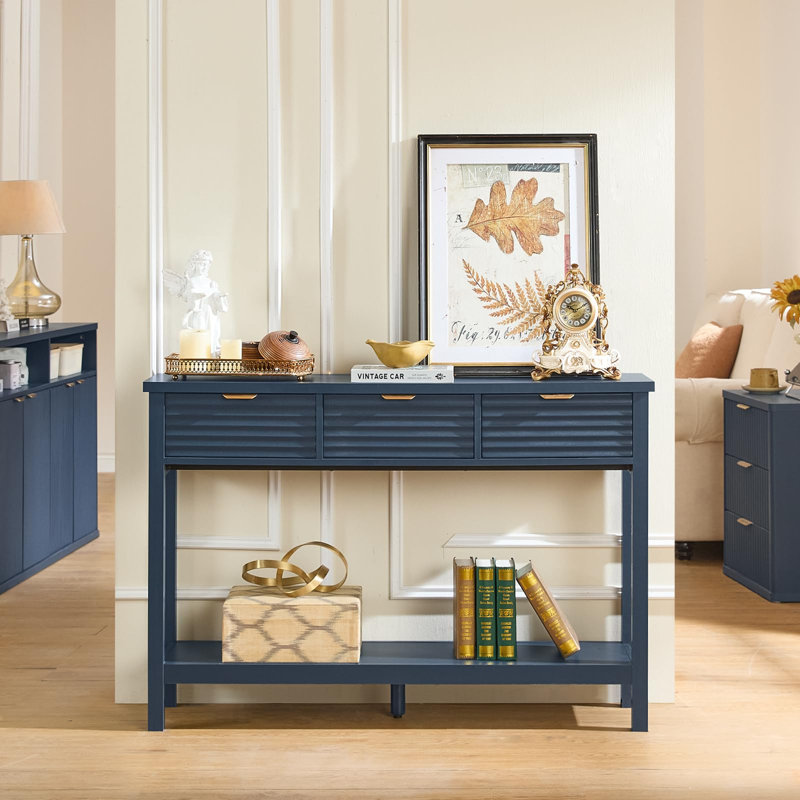 Console en bois cannelé à 3 tiroirs, Bleu marine foncé