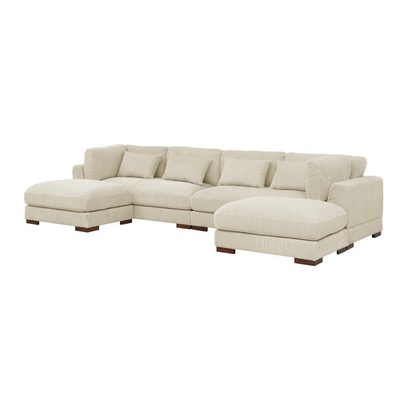 Canapé modulaire de coin avec repose-pieds Croy, Velours côtelé crème