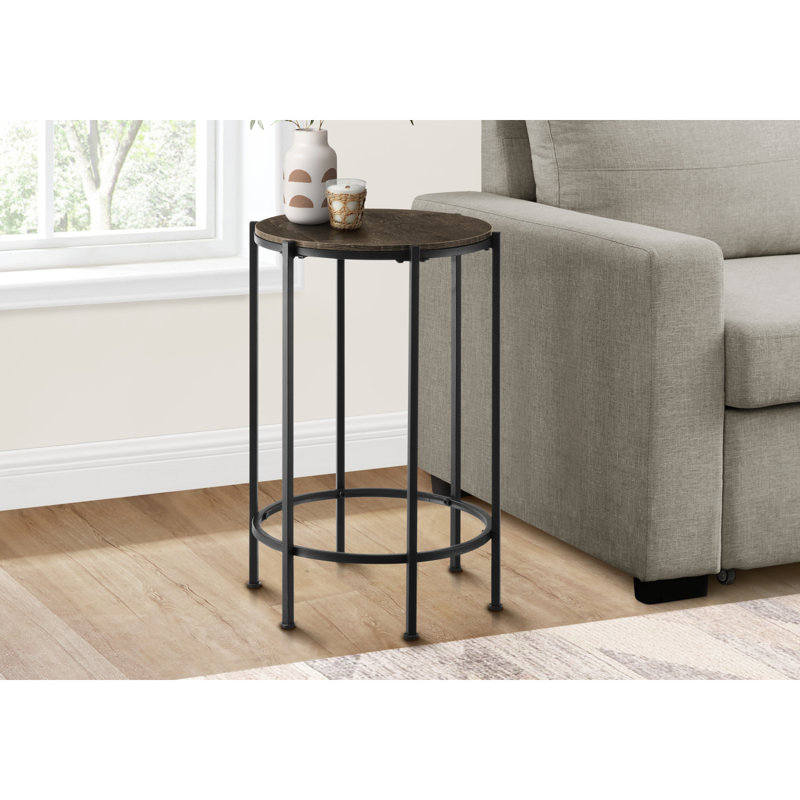 Table d'appoint, bout, rond, table d'appoint, petite, lampe, salon, chambre à coucher, table de chevet, stratifié de chêne foncé, métal noir, table d'appoint contemporaine