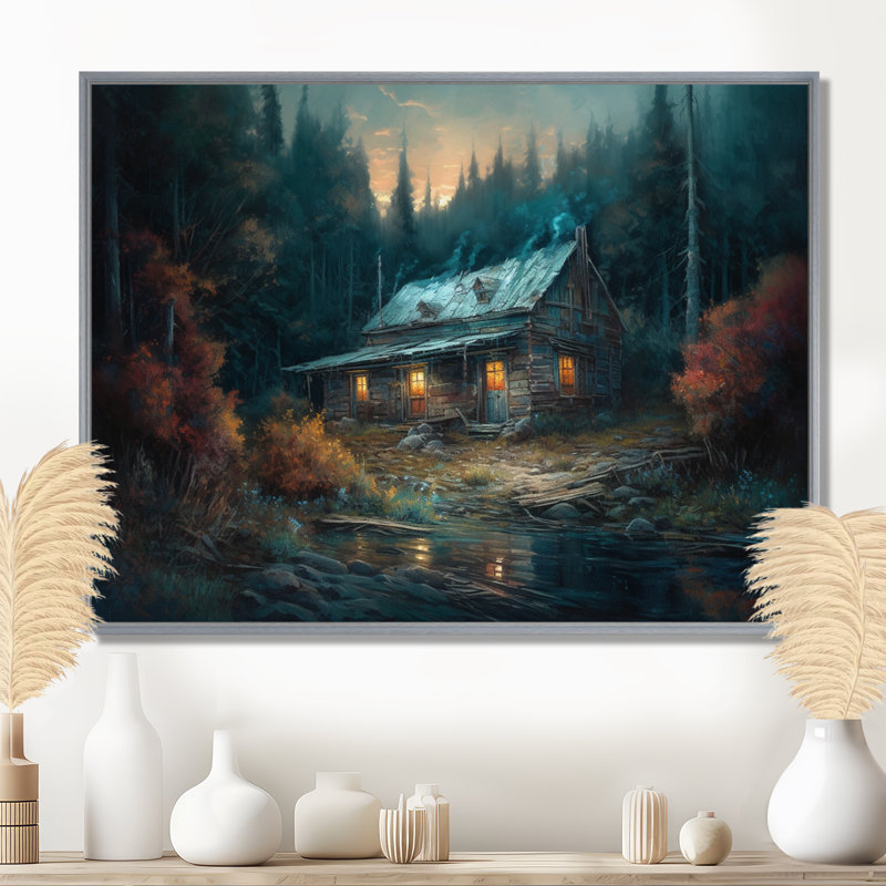 Cabine dans les bois - art mural sur toile forêt, H 12 po x l 20 po x P 1 po, Encadrement argenté
