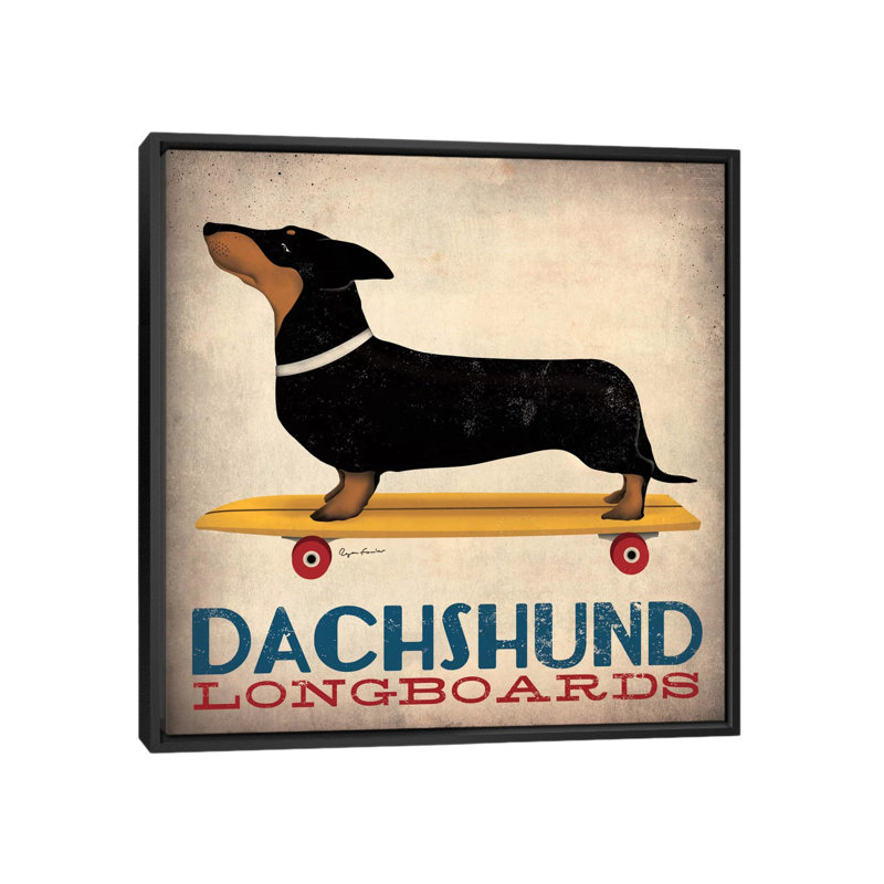 Inconnu, «Dachshund Longboard», impression sur toile tendue, Toile avec cadre noir, Pas de tapis