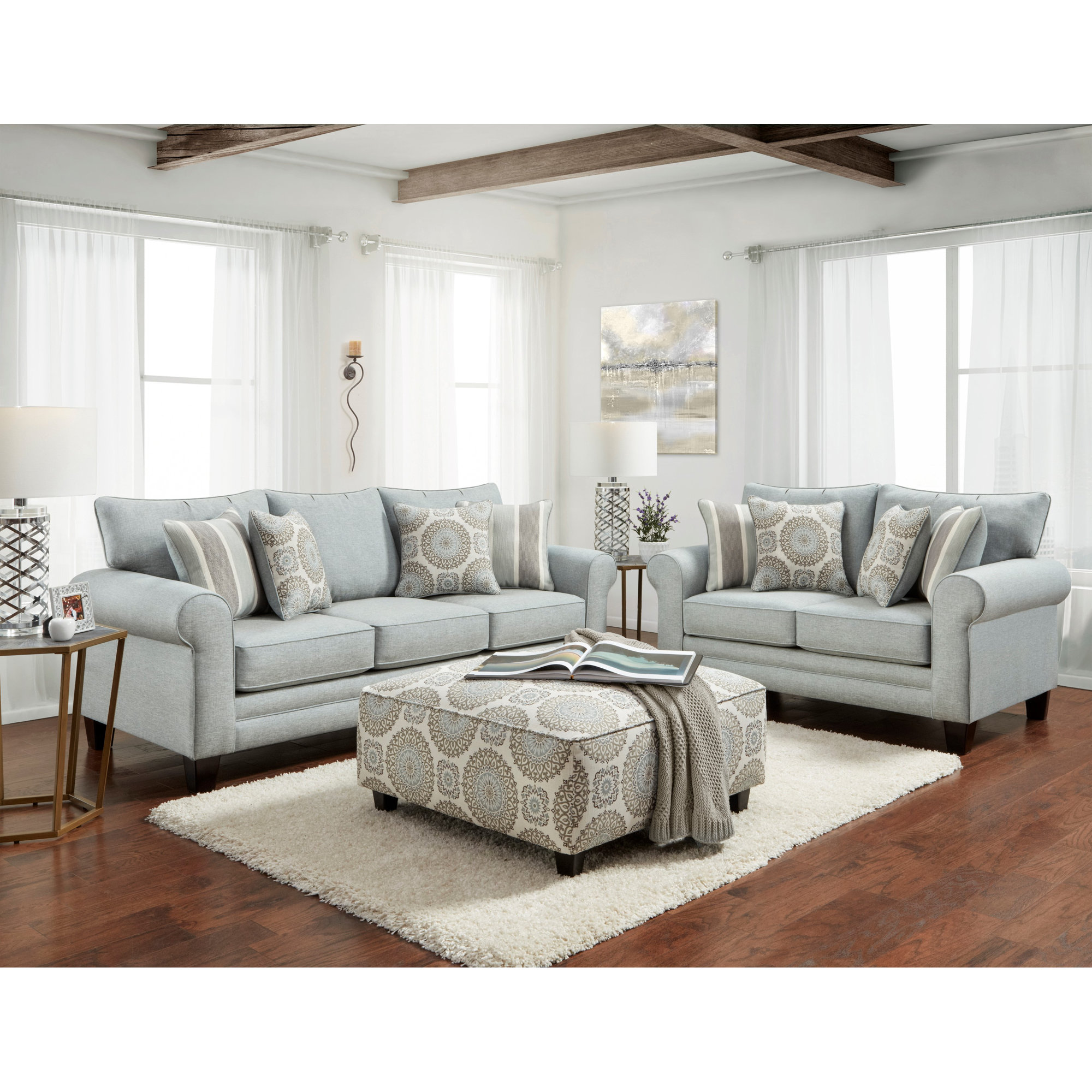 Aurora 88" Rolled Arm Sofa with Reversible Cushions, Revolution Performance Fabrics, Light Blue, Sleeper