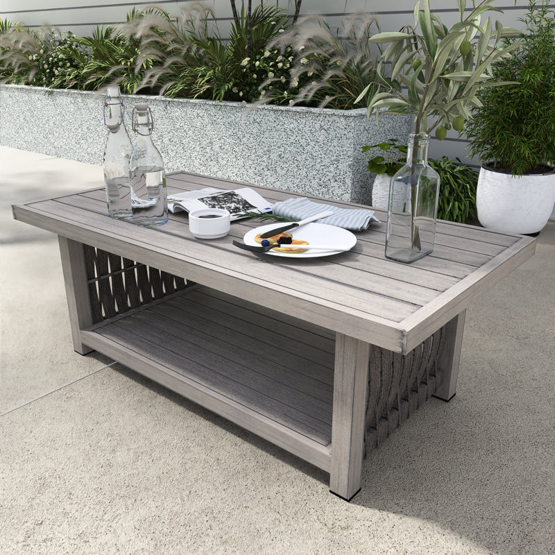 2-Tier Rectangular Aluminum Outdoor Coffee Table, Brown