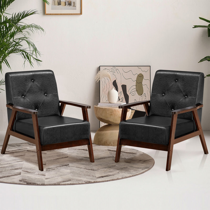 Ensemble de 2 chaises d'appoint en cuir avec pieds en bois d'hévéa et dossier capitonné