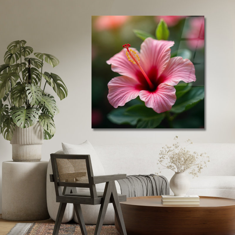 Art mural en verre trempé rose Hibiscus, H 30 po x l 30 po