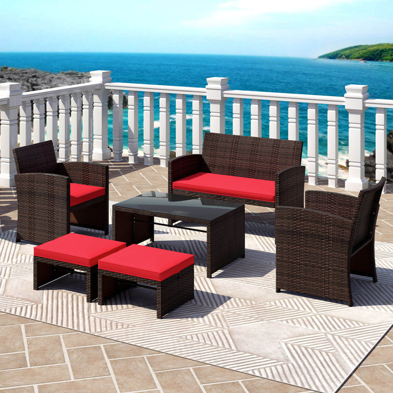 6 PCS Patio Furniture Set w/ 1 Loveseat 1 Coffee Table 2 Armchairs 2 Ottomans Red, Red, Brown