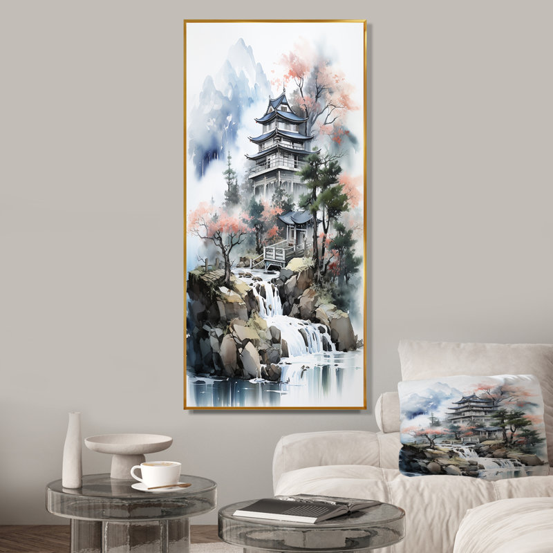 Bouddhisme, modèle en Chine, paysage III - art mural Chine, Cadre flottant doré, H 40 po x l 30 po