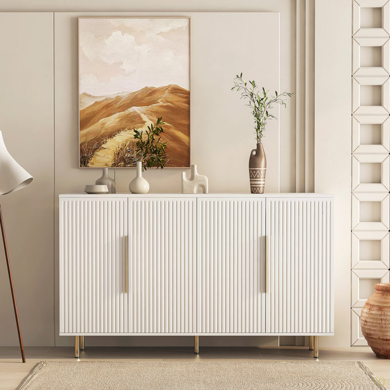 Buffet moderne avec rangement, grand buffet cannelé avec tablettes réglables, crédence, console d'appoint, Blanc