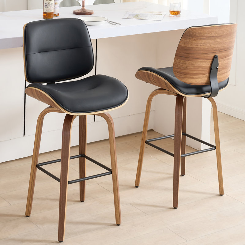 Swivel Upholstered Bar Stool with Solid Wood Frame, Black