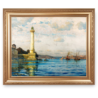 The Ahirkapi Lighthouse by Michel Zeno Diemer Sailboat Warship Painting Reproductions Framed Size:24.5x20.5 inches,Image Size:20x16 inches World Classic Reproductions For HomeDecor,Gold Frame