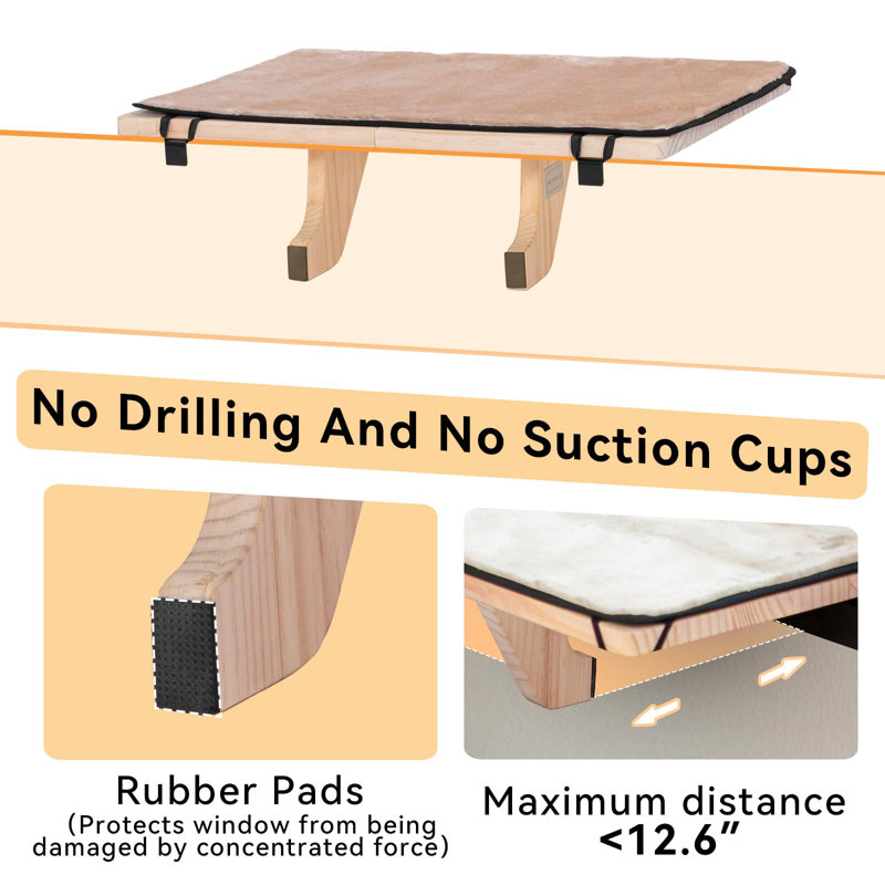 Large Natural Wood Cat Window Perch with Fleece Mat