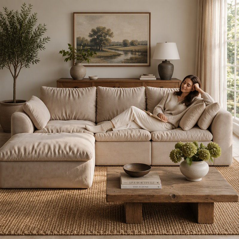 Sofa Upholstered " Linen Sectional, 4 seater, khaki