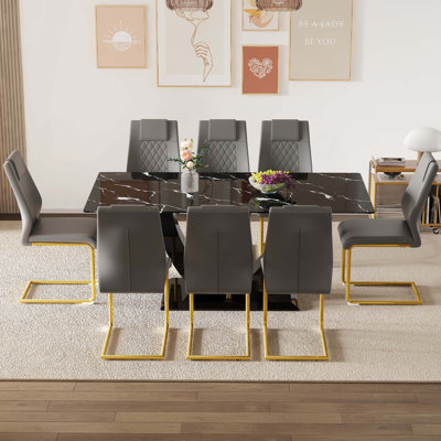 Ensemble de salle à manger en verre trempé à motif de marbre avec 8 chaises de haute qualité avec pieds arqués en métal
