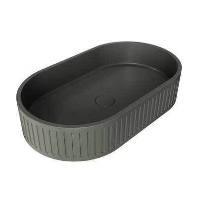 Lavabo de salle de bain ovale à poser de 60 cm (23,6 po) en béton foncé avec une finition ciment unique et une esthétique soignée. Disponible en plusieurs couleurs. Durabilité à long terme.