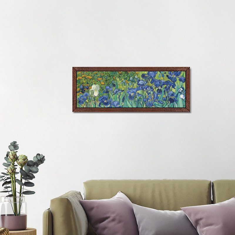 Irises, 1889 by Vincent Van Gogh - Floater Frame Panoramic Painting on Canvas, Brown Framed, 30.48 cm H x 91.44 cm W