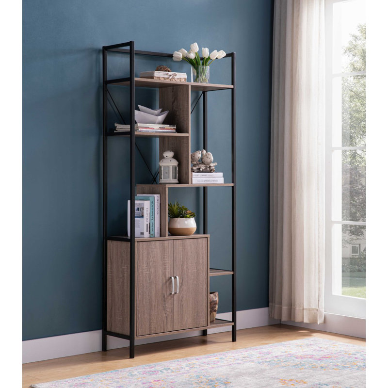 Bibliothèque moderne à six tablettes avec armoire de rangement à deux portes et deux tablettes - et métal, Taupe